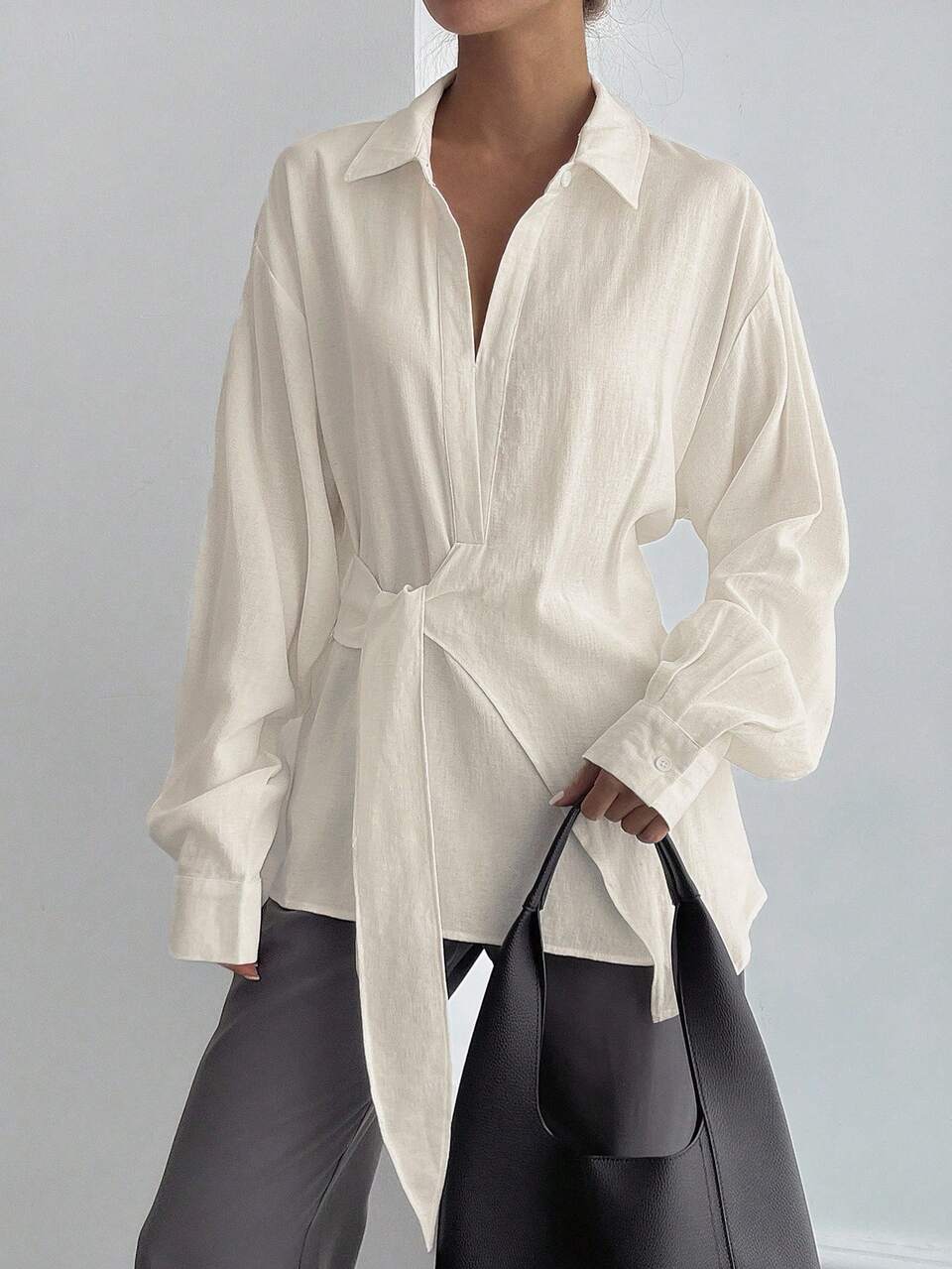Women's Loose Fit Long Sleeve Wrap Waist Collar Casual Blouse