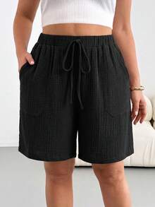 Shapeblank Shorts casuales versátiles de uso diario para mujer talla grande, color liso, con cintura con cordón - Negro - Ver 6