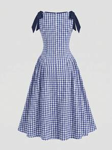 SHEIN LMoss Kids 女童休閒優雅時尚日常百搭紅白格紋圓領可拆式蝴蝶結無袖洋裝 - 藍色 - 查看 2