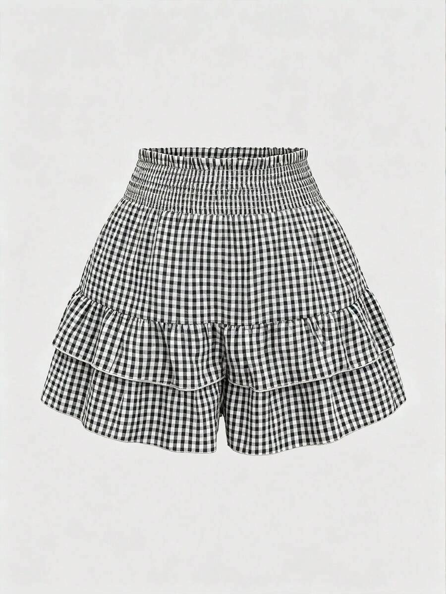 SHEIN LUNE Black & White Plaid Ruffle Hem Shorts, Slimming, Spring/Summer - Black and White - View 1