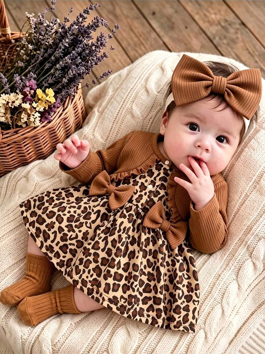 SHEIN 2件裝時尚豹紋嬰兒洋裝