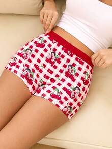 Betty Boop x SHEIN Women's Plaid Cherry Print Casual Everyday Hipster Panties - Red - View 1