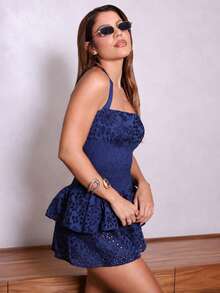Hariany Almeida Gaun Mini Wanita Biru Model Halterneck Pas Badan dengan Lapisan Ruffle untuk Liburan Pantai, Elegan Musim Panas - Navy Blue - View 3