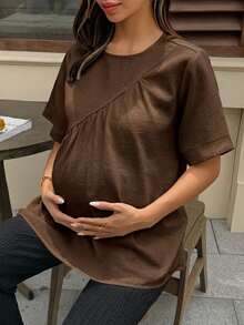 DAZY White Round Neck Short Sleeve Pullover Top, Versatile Spring/Summer Daily Wear Maternity Shirt - Brown - View 3