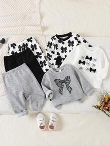 SHEIN Playful Pals 3套幼童女童運動衫長褲套裝，可愛白色、黑白、淺灰色、黑色蝴蝶結 3D 蝴蝶蕾絲長袖圓領，生日萬聖節牛仔女郎風 - 彩色 - 查看 6