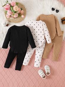 SHEIN 6件組女嬰蝴蝶結印花、波點、純色圓弧下擺上衣 + 印花、波點、純色長褲，可愛休閒百搭多件套裝，適合秋季 - 彩色 - 查看 2
