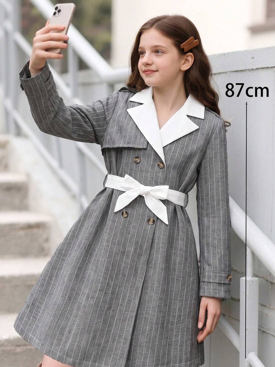 SHEIN 青少年女孩返校季學院風灰色條紋長袖撞色領洋裝 - 彩色 - 查看 1
