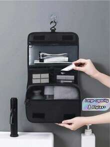 1 pieza Bolsa de maquillaje colgante multifuncional, bolsa de almacenamiento, gran capacidad, fácil de transportar, regalo navideño, vibraciones bohemias - Negro - Ver 4