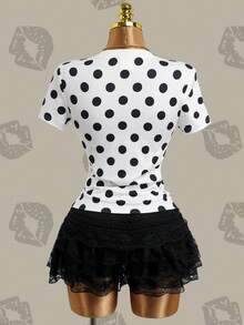 Betty Boop x SHEIN Women's Polka Dot Print Short Sleeve T-Shirt - White - View 10