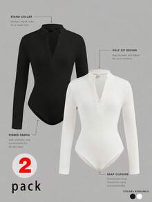 SHEIN Girlism 2 piezas Conjunto de body de manga larga con cuello alto acanalado y media cremallera y pantalones para niñas preadolescentes, estilo casual y de moda, color negro y blanco, adecuado para fines de semana y salidas casuales - Multicolor - Ver 1