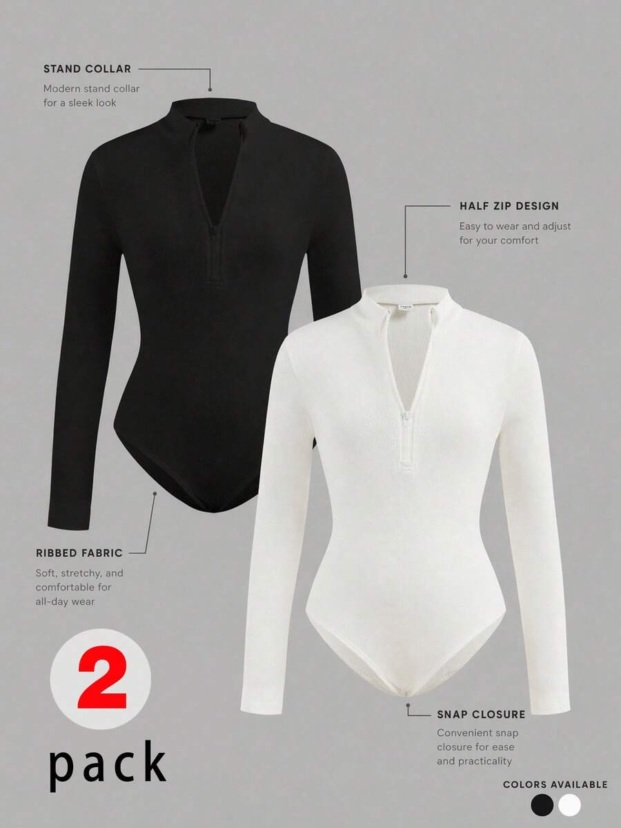 SHEIN Girlism 2 piezas Conjunto de body de manga larga con cuello alto acanalado y media cremallera y pantalones para niñas preadolescentes, estilo casual y de moda, color negro y blanco, adecuado para fines de semana y salidas casuales - Multicolor - Ver 1