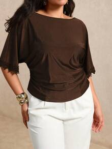 Juhart Plus Size Women's Summer Drapey Cool Solid Color Knit Hollow Out Open Back Tie Bow Lace Patchwork Design Elegant Minimalist Commute Top T-Shirt Brown - Brown - View 4