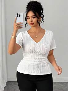 Elenzga Plus Size Women's Solid Color Textured Short Sleeve Slim Fit T-Shirt - White - View 3