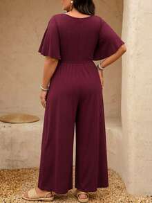 SHEIN LUNE Plus Size Women's Spring/Summer Chain Patchwork Ruffle Knot Waist Knit Texture Elegant Graceful A-Line V-Neck Midi Dress - Red Violet - View 2