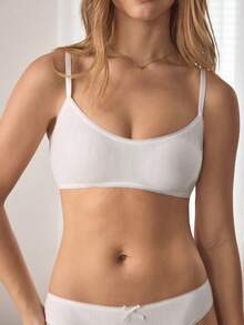 Ocili 100% Pure Cotton Wide Ribbed Ribbed Scalloped Edge Comfortable Women's Patchwork Mini Bow Decor Bra - White - View 6