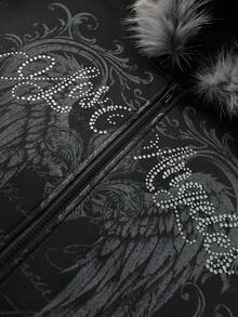 ROMWE MEN Men's Dark Rhinestone Gothic Letter & Wing Print Loose Fit Open Front Plush Hooded Sweatshirt - Black - View 3