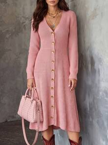 Balvessa V-Neck Single-Breasted Metal Hand-Stitched Button Cinched Cinched Waist Ribbed Cuff Long Sleeve A-Line Hem Women's Sweater Dress - Pink - View 1