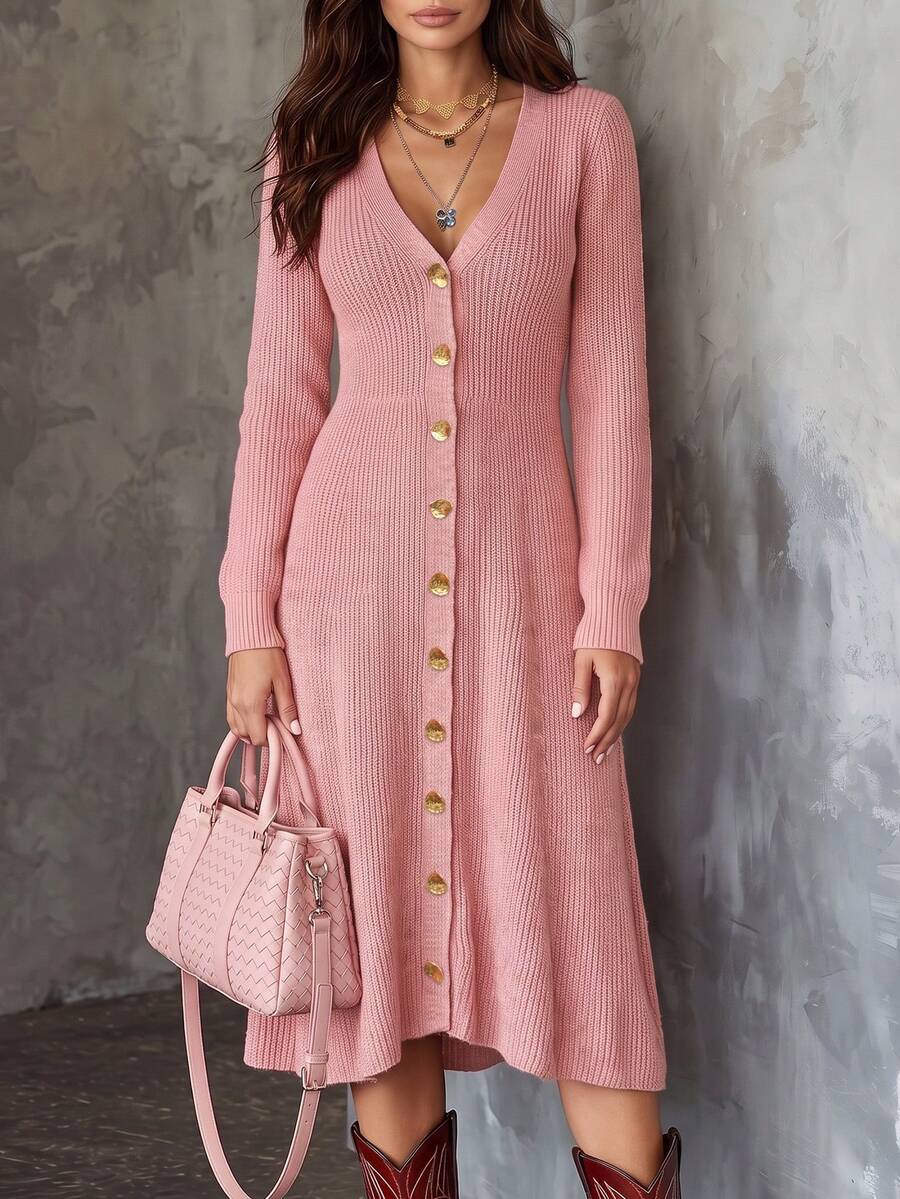 Balvessa V-Neck Single-Breasted Metal Hand-Stitched Button Cinched Cinched Waist Ribbed Cuff Long Sleeve A-Line Hem Women's Sweater Dress - Pink - View 1