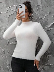 INAWLY Sweater Rajut Wanita Lengan Panjang Kerah Tegak Warna Polos, Sweater Pullover Rajut Musim Gugur/Dingin - Putih - View 4