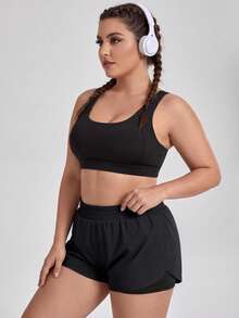 SHEIN Sports 加大码黑色修身短裤，内置内裤，休闲百搭 - 黑色 - 查看 5