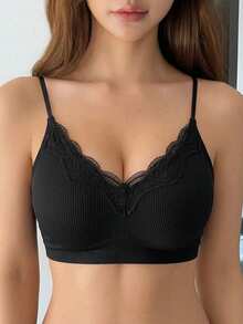 DAZY Lace Patchwork Seamless Slight Push-Up Adjustable Spaghetti Strap Bra Women's Lingerie - Black - View 4