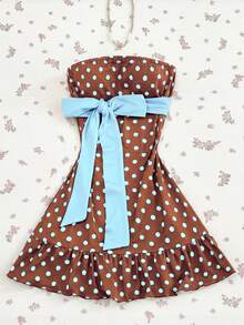 Elamini Women's Polka Dot Bow Decor Casual Daily Summer Dress - Brown - View 1