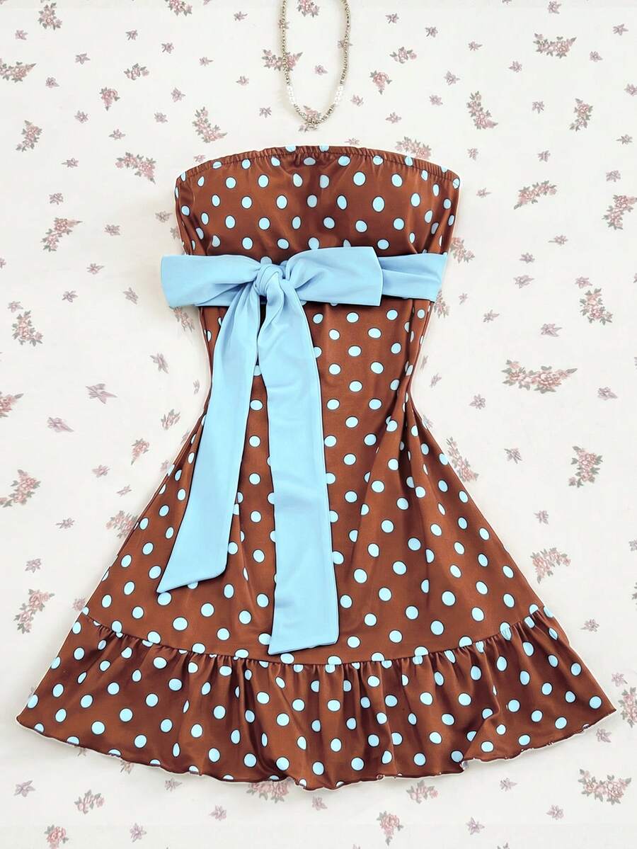 Elamini Women's Polka Dot Bow Decor Casual Daily Summer Dress - Brown - View 1
