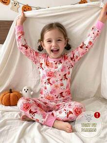 Girls Pumpkin Bow Print Long Sleeve Pants Snug Fit Halloween Style Loungewear Set Festival Outfits Winter Fall - Multicolor - View 8