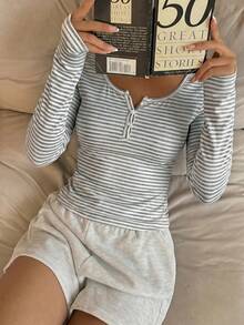 CovetEZ 春夏女款棉混紡粉色條紋半拉鍊T恤 - 灰色 - 查看 6