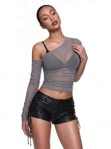 SHEIN ICON Grey Asymmetrical Neck Sheer Mesh Perspective Top Without Bra - Grey - View 1