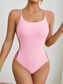 SHEIN PETITE Women's Black Knit Backless Bodysuit ,Petite Women - Pink - View 6