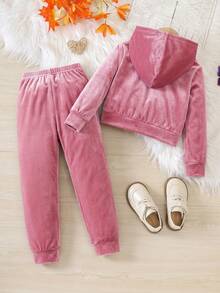 SHEIN Elladie kids 女童連帽外套套裝，休閒可愛復古 Y2K 風格，連帽衫，適合秋季返校、戶外、運動、日常穿著，舒適保暖套裝 - 粉色 - 查看 2