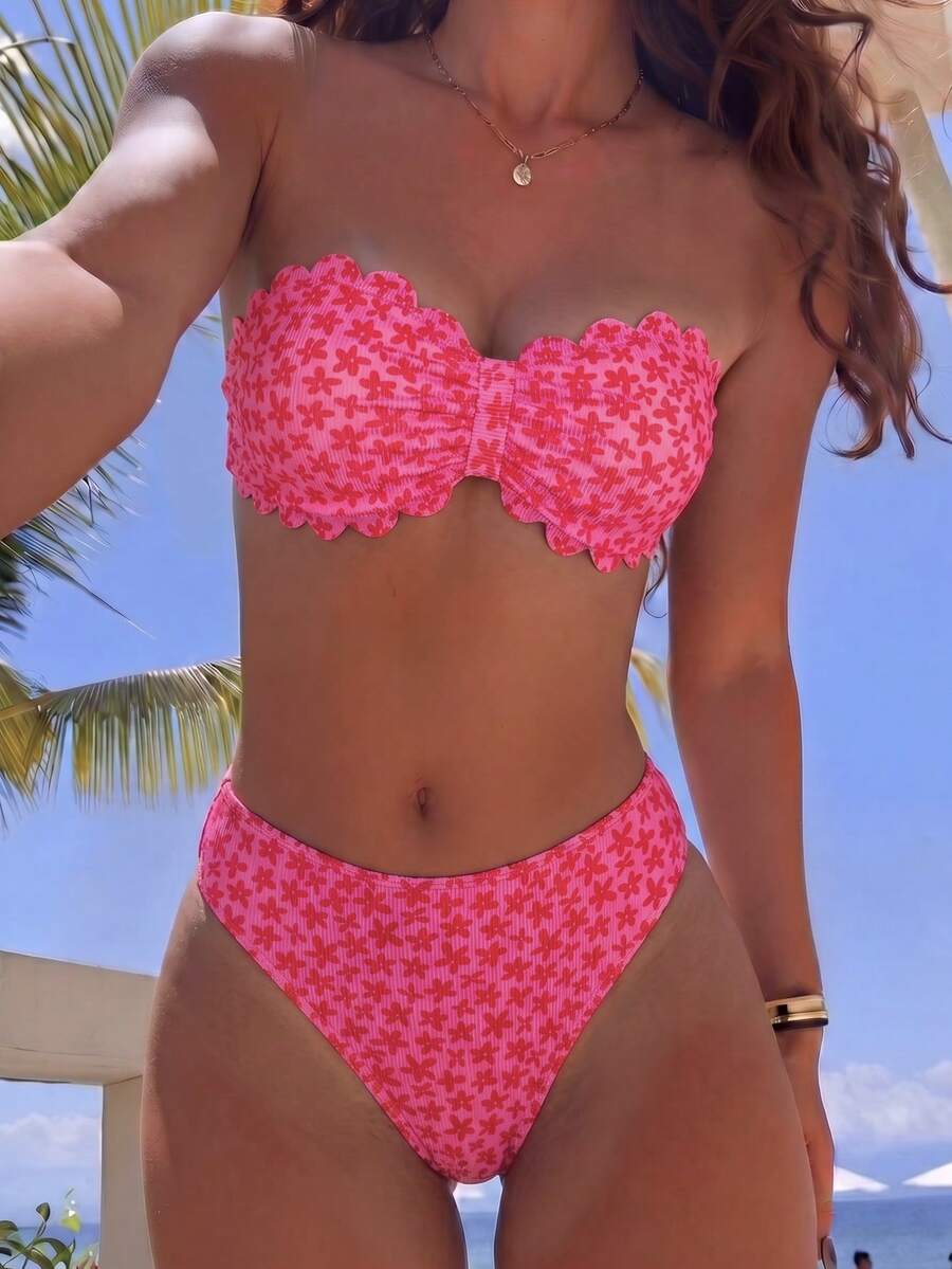 Swim Mod 女款泳衣,女孩,鏤空花瓣邊飾平口式,甜美可愛,碎花印花,紋理羅紋布料 - 彩色 - 查看 1