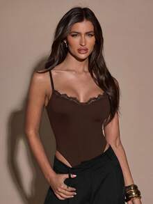 SHEIN BAE Women's Solid Color Contrast Lace Fashion Camisole Camisole - Coffee Brown - View 6