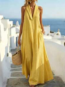 Balvessa Loose Elegant Modest Minimalist Vintage Relaxed Fit A-Line Sleeveless Dress For Women, Island Vacation Travel Beach Vacation Mustard Yellow Summer - Yellow - View 4