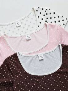 SHEIN Tween女孩3件組短袖T恤套裝，紅褐色、淺粉色、米色波點修身短版T恤，復古Y2K甜酷風，適合上學、日常穿著、戶外活動 - 彩色 - 查看 3