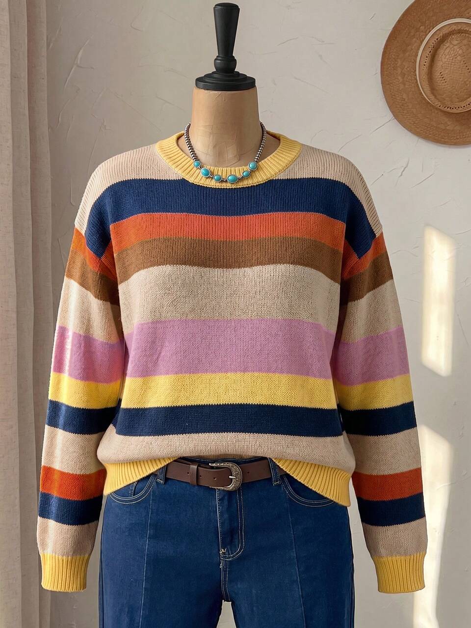 Plus Size Women's Round Neck Colorblock Casual 1960s 90s Daily Long Sleeve Sweater Autumn Formal Vacation Beige