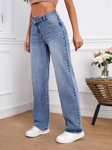 SHEIN Tall 休閒水洗不對稱腰頭直筒牛仔褲，適合高個女性 - 藍色 - 查看 4