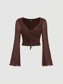SHEIN MOD Plus Solid Deep V Neck Lettuce Trim Tie Front Trumpet Sleeve Tee Fall - Brown - View 3