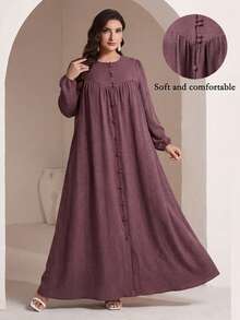 Veilorie Plus Size Women Solid Color Button Long Sleeve Pleated Arabian Dress - Dusty Pink - View 1