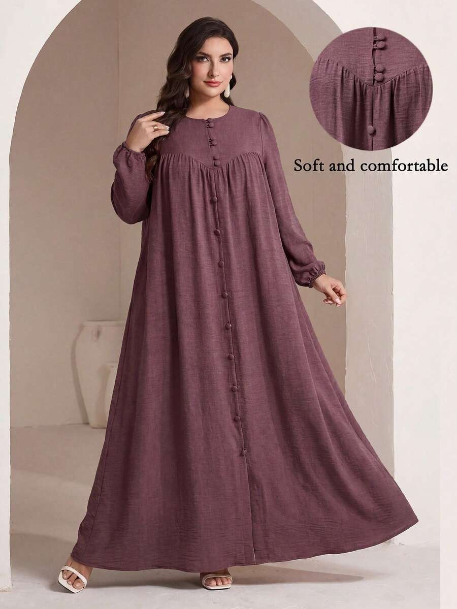 Veilorie Plus Size Women Solid Color Button Long Sleeve Pleated Arabian Dress - Dusty Pink - View 1