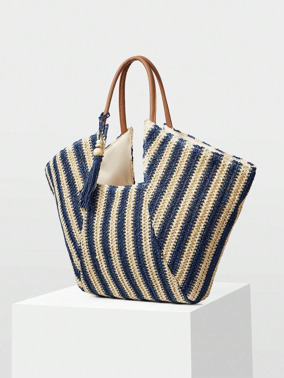 WOMEN'S FASHION BLUE STRIPED TOTE BAG, CASUAL VACATION WOVEN HANDBAG FOR VACATION, TRAVEL, SEASIDE, BEACH, BOHEMIA