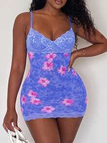 Alexandranx Lace Cup Detail Tropical Floral Mesh Bodycon Mini Dress,Summer Dresses For Women,Dresses For Women Summer Night Out Blue Pink Elegant - Blue - View 5