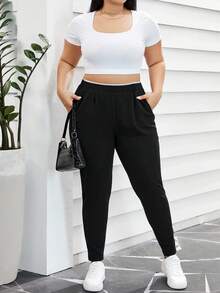 SHEIN Essnce Plus Size High-Waist Slanted Pocket Pants Fall - Black - View 6