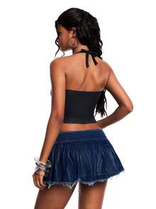 INAWLY Solva Summer Fashion Studded Butterfly Print Cropped Backless Halter Top - Black - View 4