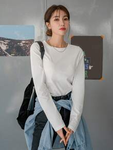 Dazy Tall 女款圓領長袖寬鬆版型基礎層內搭T恤 - 白色 - 查看 8