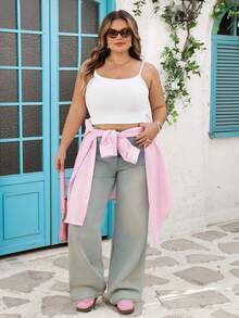 SHEIN CURVE+ Curve Size US22 音樂節海邊度假波希米亞風女款長袖休閒條紋襯衫，春夏女裝 - 粉色 - 查看 7