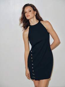 MOTF PREMIUM MINIMALIST FITTED SLIT SHORT DRESS - Navy Blue - View 4