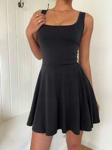 SHEIN EZwear 女款純色休閒極簡日常穿搭夏季迷你洋裝 - 黑色 - 查看 5