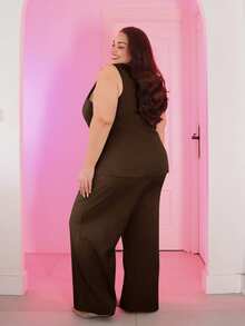 Pretty and Ole Plus Size Casual Vest And Pants Two Pieces Set Elegant Summer - Coffee Brown - View 4